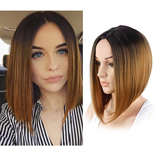 BARSDAR 14" Girl’s Short Ombre Bob Hair Wigs Straight Synthetic Colorful Halloween Cosplay Daily Party Wig for Women Natural Looking Heat Resistant As Real Hair-Black to Light Brown